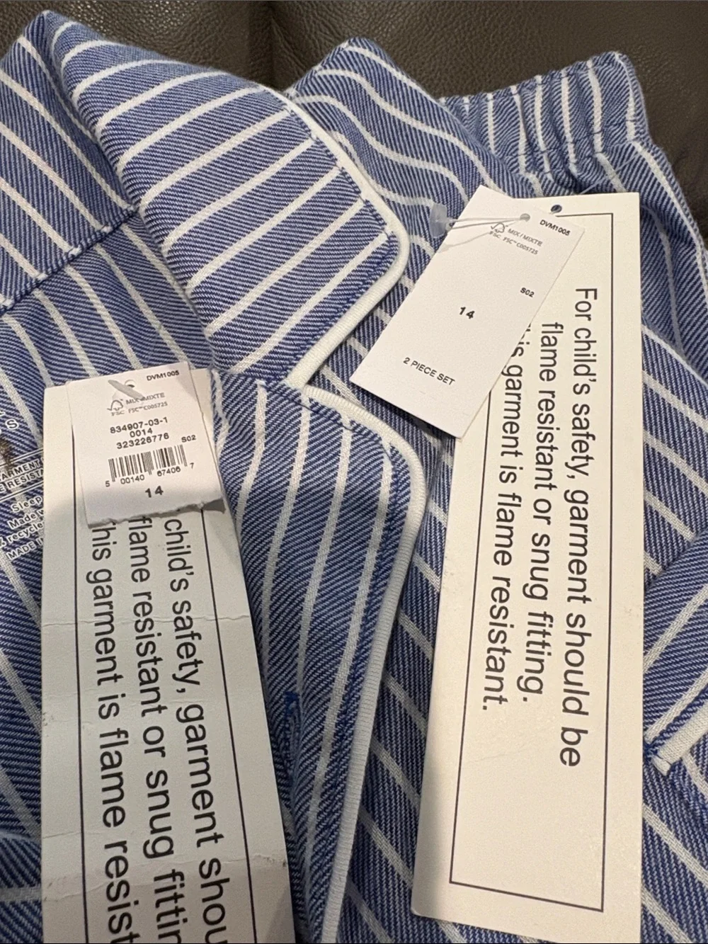 NWT Gap Kids Recycled Flannel PJ Blue Pinstripe Set Sz 14.